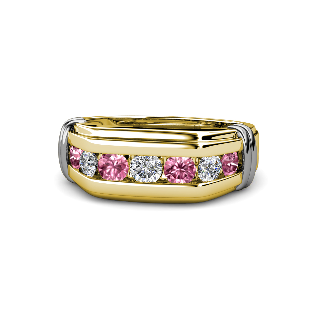 Brad Round Pink Tourmaline and Diamond 7 Stone Men Wedding Ring (8.5 mm) 